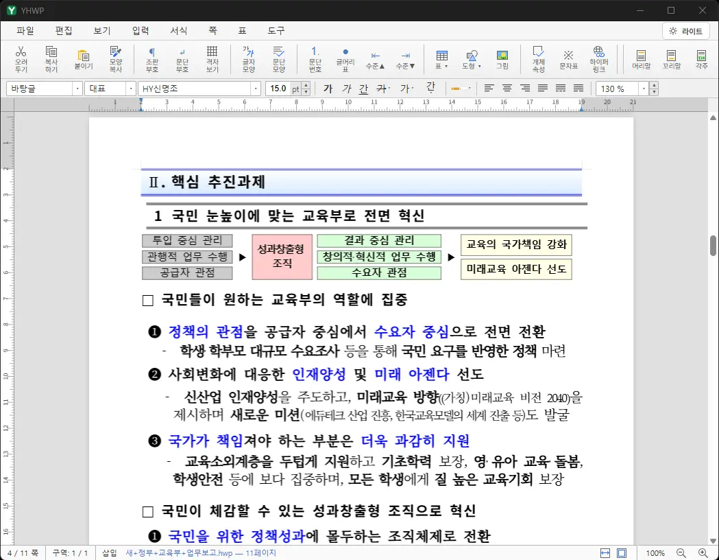 YHWP에서 HWP 문서를 연 화면 미리보기 (라이트 모드)