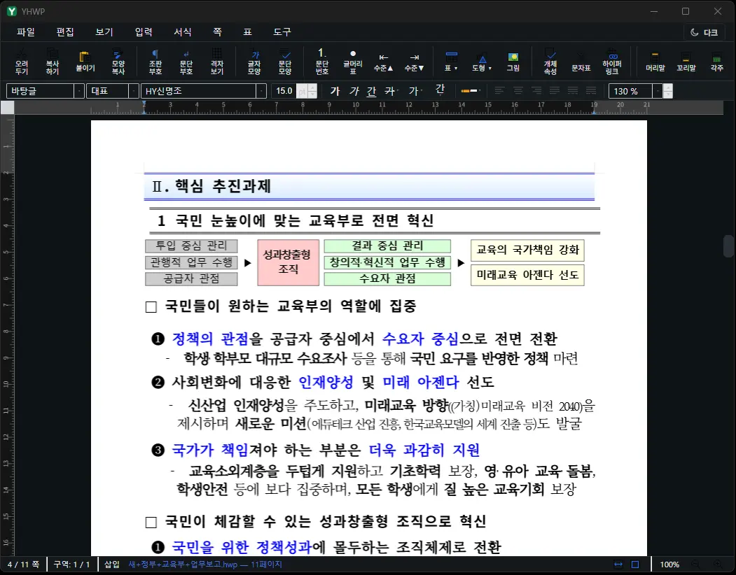 YHWP 메인 에디터 화면 (다크 모드)